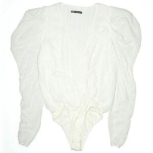 Zara NWOT White Puff Sleeve Faux Pearl Surplice Bodysuit Size Small